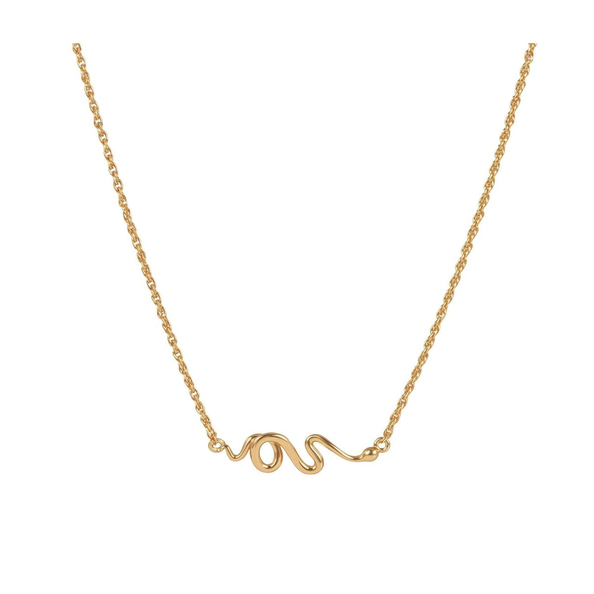 This gold necklace features a polished snake that winds across the centre of the chain. It is simple enough for everyday wear and can be paired with matching earrings for a coordinated look. It secures with a lobster claw clasp.