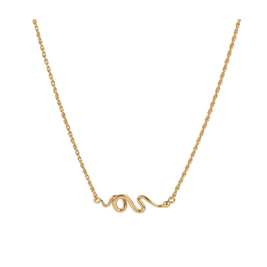 This gold necklace features a polished snake that winds across the centre of the chain. It is simple enough for everyday wear and can be paired with matching earrings for a coordinated look. It secures with a lobster claw clasp.