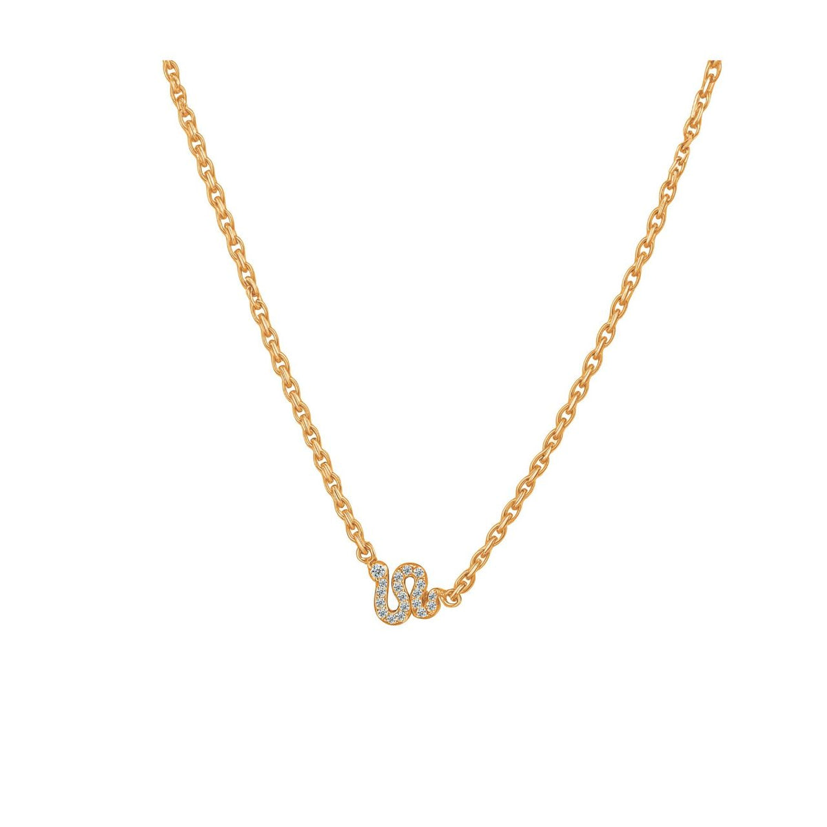 This gold necklace features a small snake set with clear stones on a bold link chain. It can be worn on its own for everyday wear or paired with matching stud earrings.