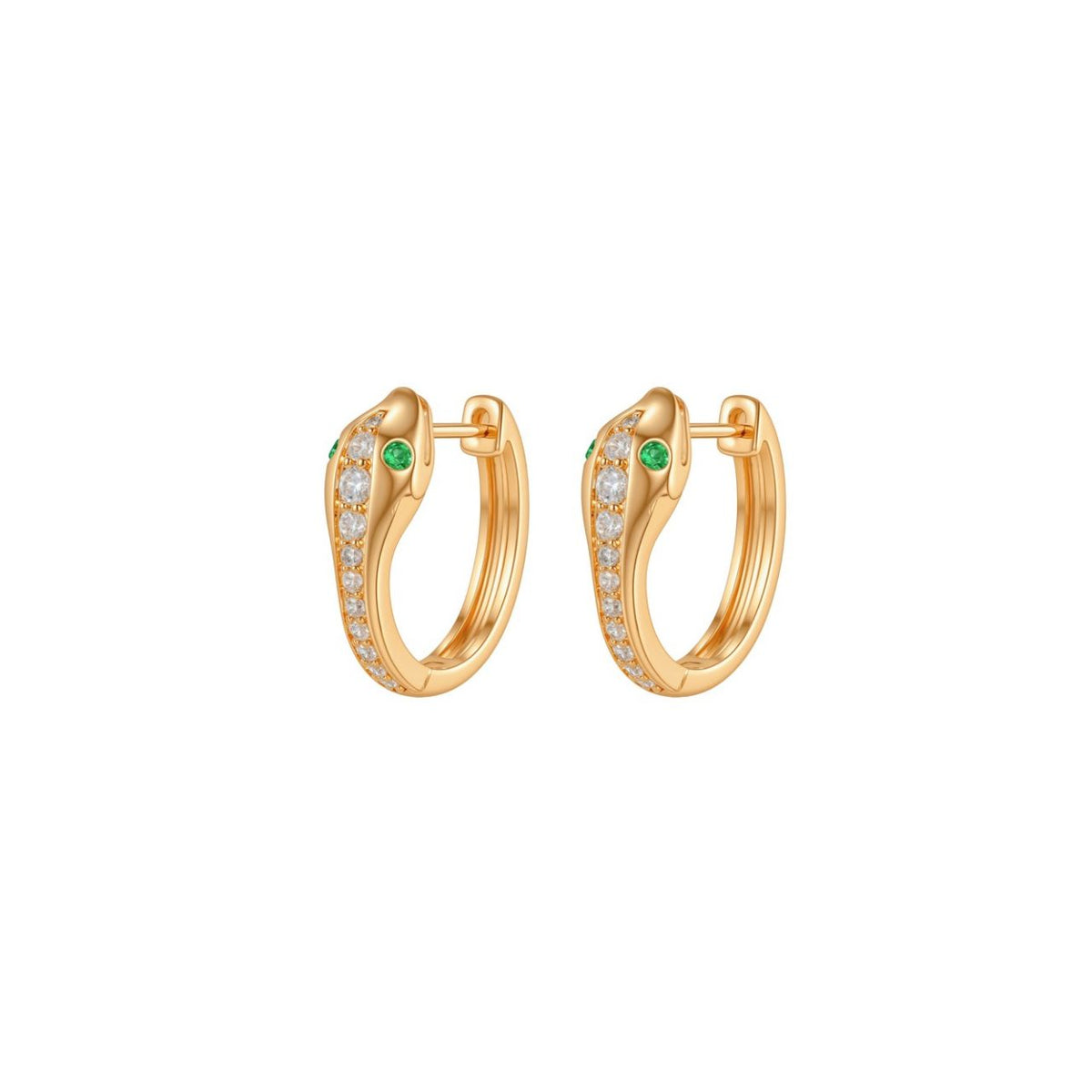 These gold huggie earrings are shaped as a snake set with a line of clear stones and finished with bright green eyes.