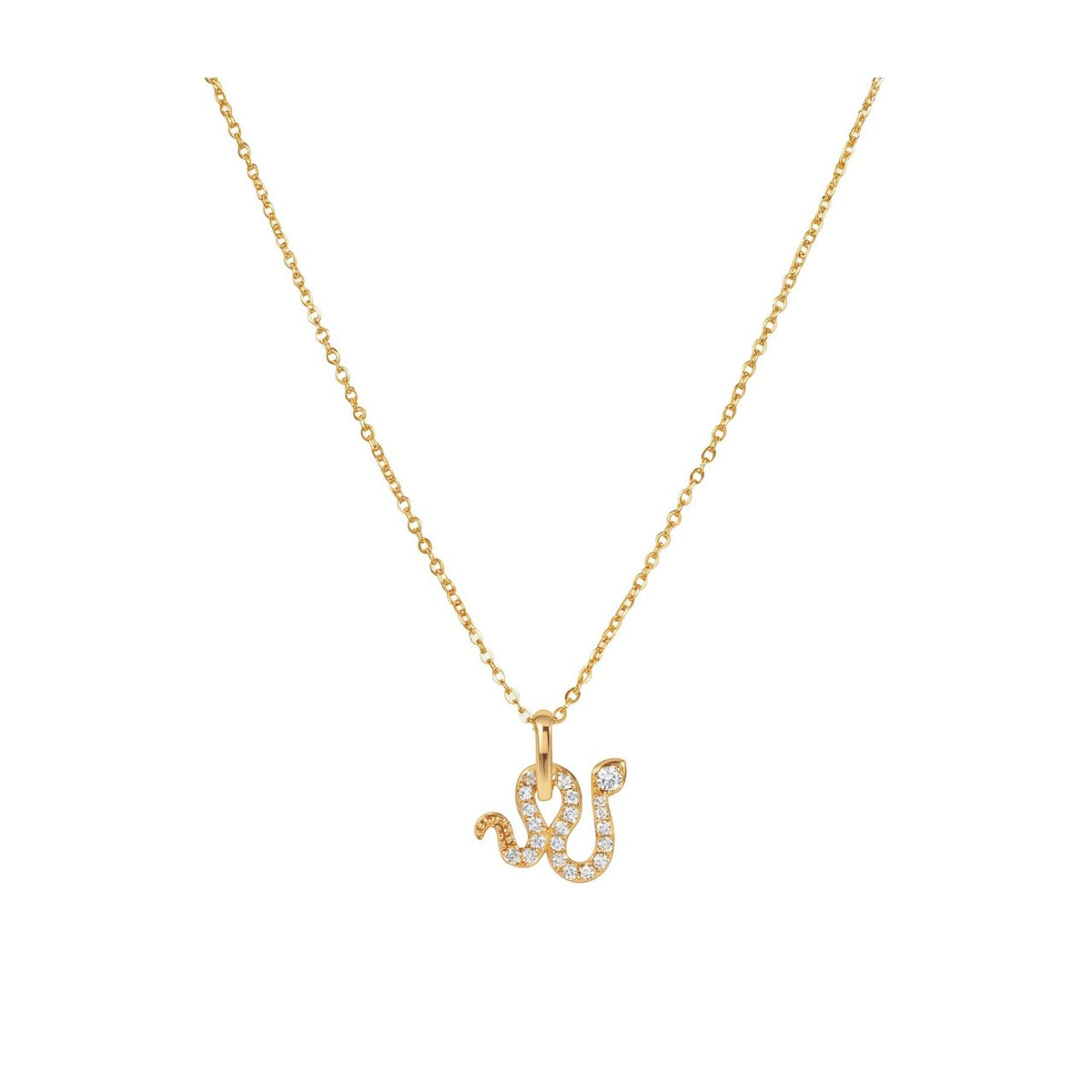 This gold pendant features a small winding snake set with clear stones. It is a delicate everyday piece and can be paired with matching stud earrings for a coordinated look.