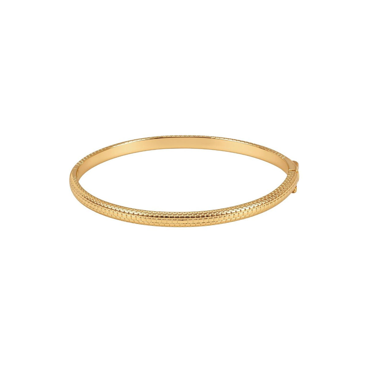 This gold bangle has a textured snakeskin finish that catches the light. It is easy to wear every day and stacks well with other bangles from the Snake collection. It secures with a hinged clasp.