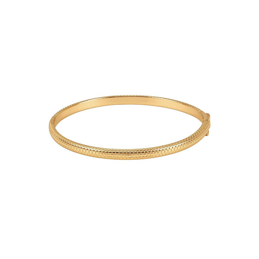 This gold bangle has a textured snakeskin finish that catches the light. It is easy to wear every day and stacks well with other bangles from the Snake collection. It secures with a hinged clasp.