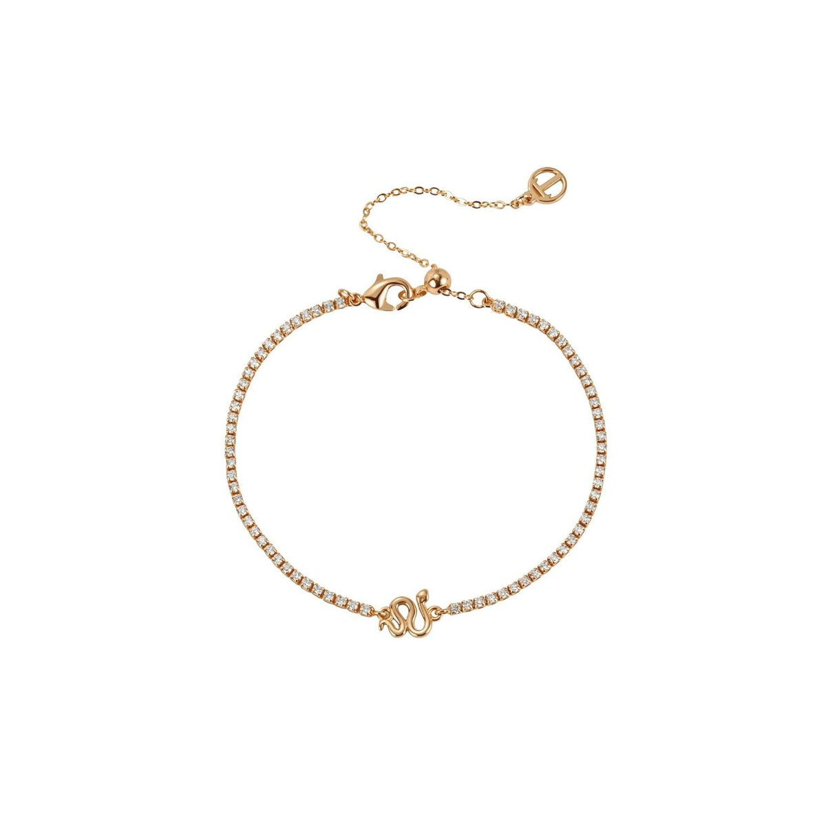 This gold bracelet features a line of clear stones with a small polished snake at the centre. It can be worn on its own to add sparkle to any outfit or paired with a matching snake necklace. It secures with an adjustable lobster claw clasp.