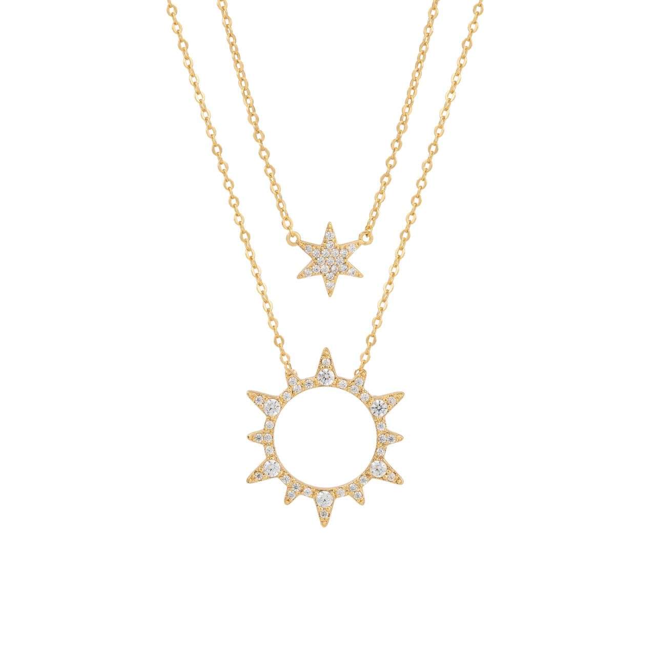 Introducing the TC Soleil Double Chain Sun &amp; Star Necklace in Gold – a radiant fusion of celestial beauty and sophisticated design.