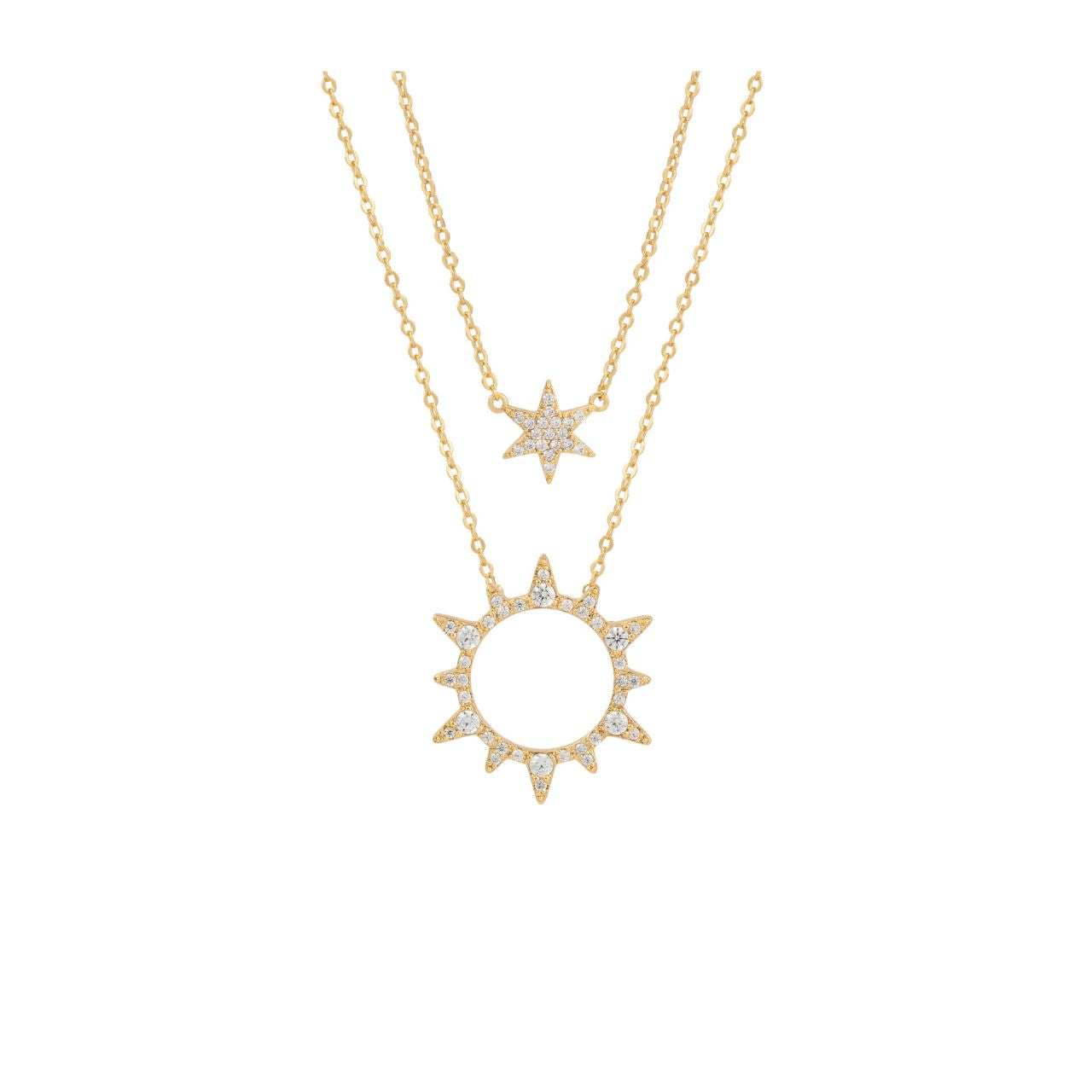 Introducing the TC Soleil Double Chain Sun &amp; Star Necklace in Gold – a radiant fusion of celestial beauty and sophisticated design.