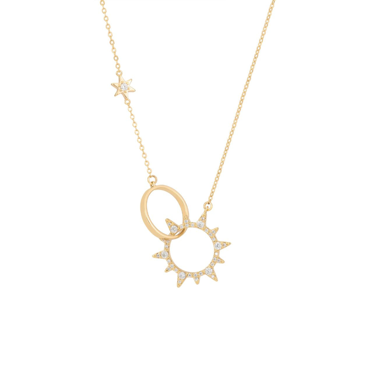 The TC Soleil Interlocking CZ Sun Pendant in Gold – a stunning fusion of elegance and modern design. This pendant features an intricate interlocking sun motif, adorned with shimmering CZ crystals that catch the light with every movement.
