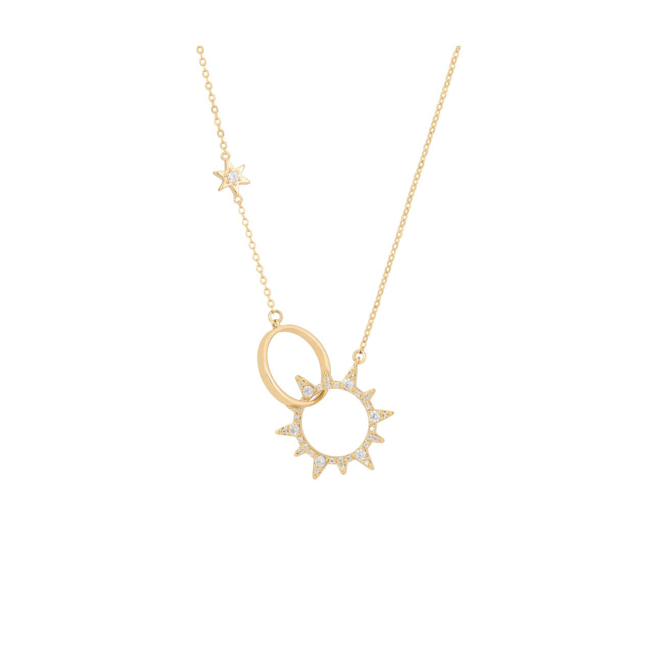 The TC Soleil Interlocking CZ Sun Pendant in Gold – a stunning fusion of elegance and modern design. This pendant features an intricate interlocking sun motif, adorned with shimmering CZ crystals that catch the light with every movement.
