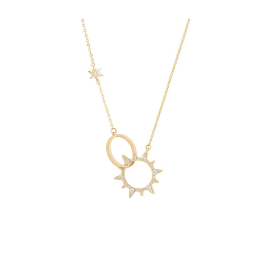 The TC Soleil Interlocking CZ Sun Pendant in Gold – a stunning fusion of elegance and modern design. This pendant features an intricate interlocking sun motif, adorned with shimmering CZ crystals that catch the light with every movement.