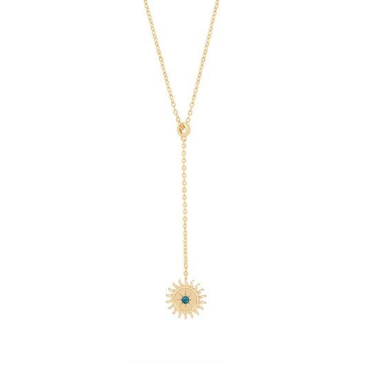 Elevate your style with the TC Soleil Mini Drop Sun Pendant in Turquoise CZ Gold. This exquisite pendant showcases a vibrant turquoise centre stone, surrounded by radiant sun rays, creating a striking and dynamic design.