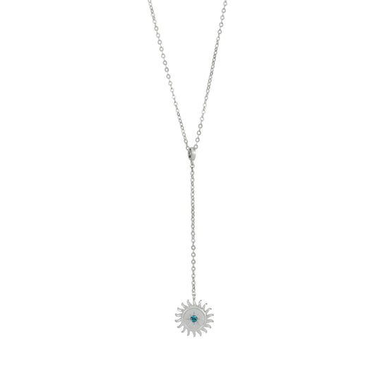 Elevate your style with the TC Soleil Mini Drop Sun Pendant in Turquoise CZ Silver. This exquisite pendant showcases a vibrant turquoise centre stone, surrounded by radiant sun rays, creating a striking and dynamic design.