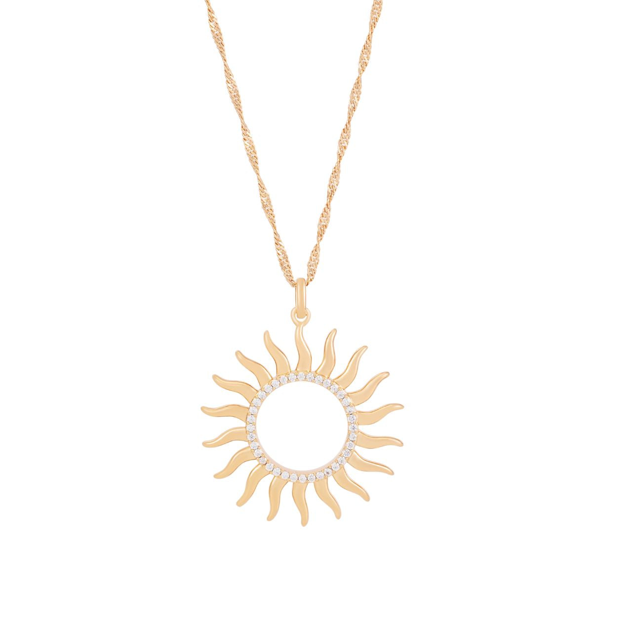 Elevate your style with the TC Soleil Open CZ Sun Pendant in Gold, featuring a dazzling open sun design adorned with sparkling CZ crystals.
