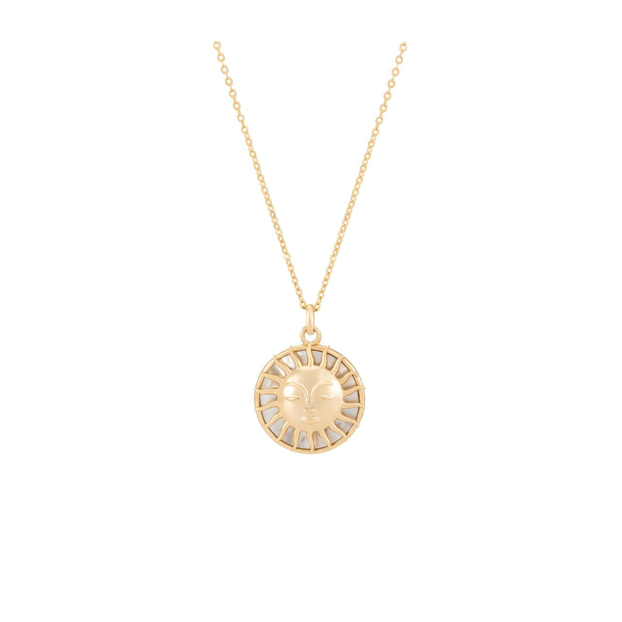 Elevate your style with the TC Soleil Sun Pendant with Mother of Pearl Disc in Gold. This striking pendant features a radiant sun face design delicately placed on a lustrous mother of pearl disc.