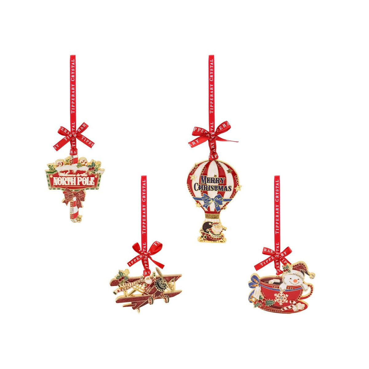 Elevate your festive display with this enchanting set of four Christmas decorations, each capturing the magic of the season. Featuring a charming North Pole landmark, delicate teacup, whimsical biplane, and graceful balloon sleigh, these pieces bring nostalgic wonder to any home.