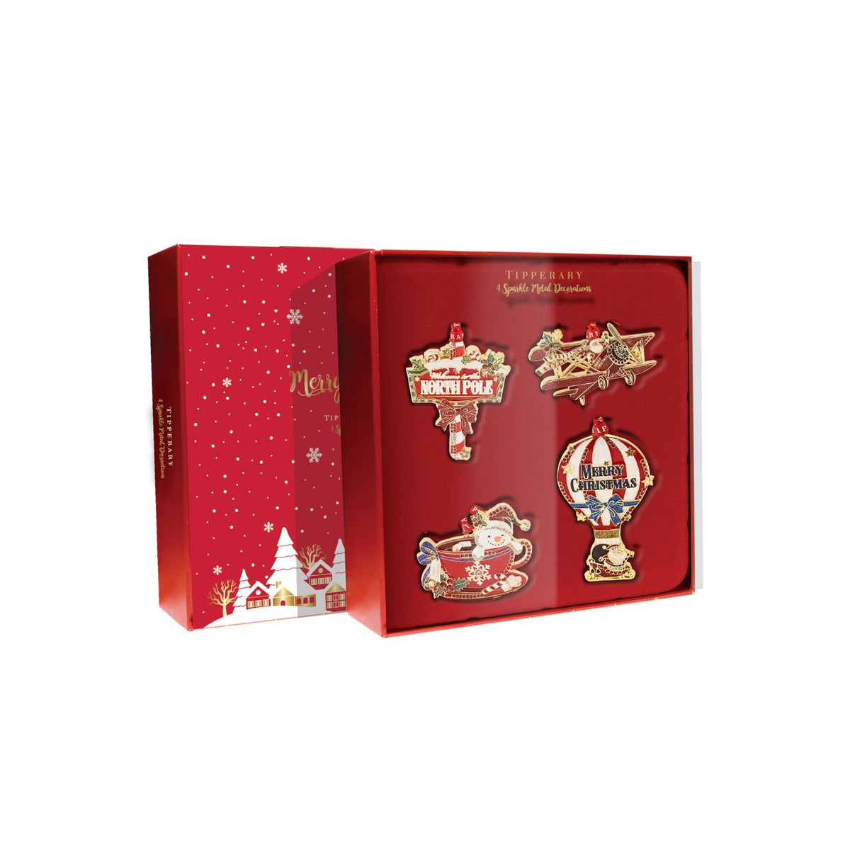 Elevate your festive display with this enchanting set of four Christmas decorations, each capturing the magic of the season. Featuring a charming North Pole landmark, delicate teacup, whimsical biplane, and graceful balloon sleigh, these pieces bring nostalgic wonder to any home.