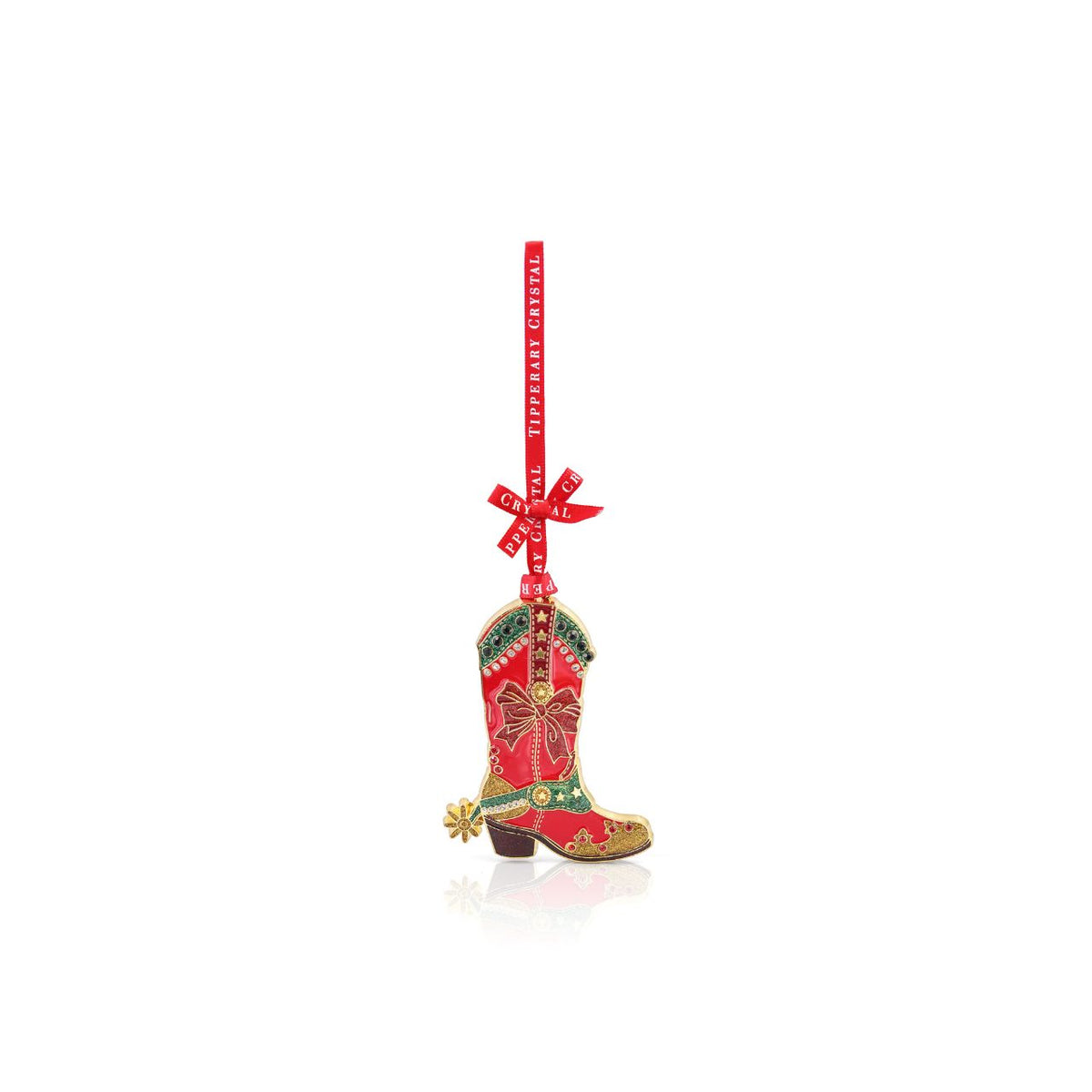 Add a touch of Western charm to your Christmas tree with this striking red cowboy boot, finished with sparkling details and a green festive design.