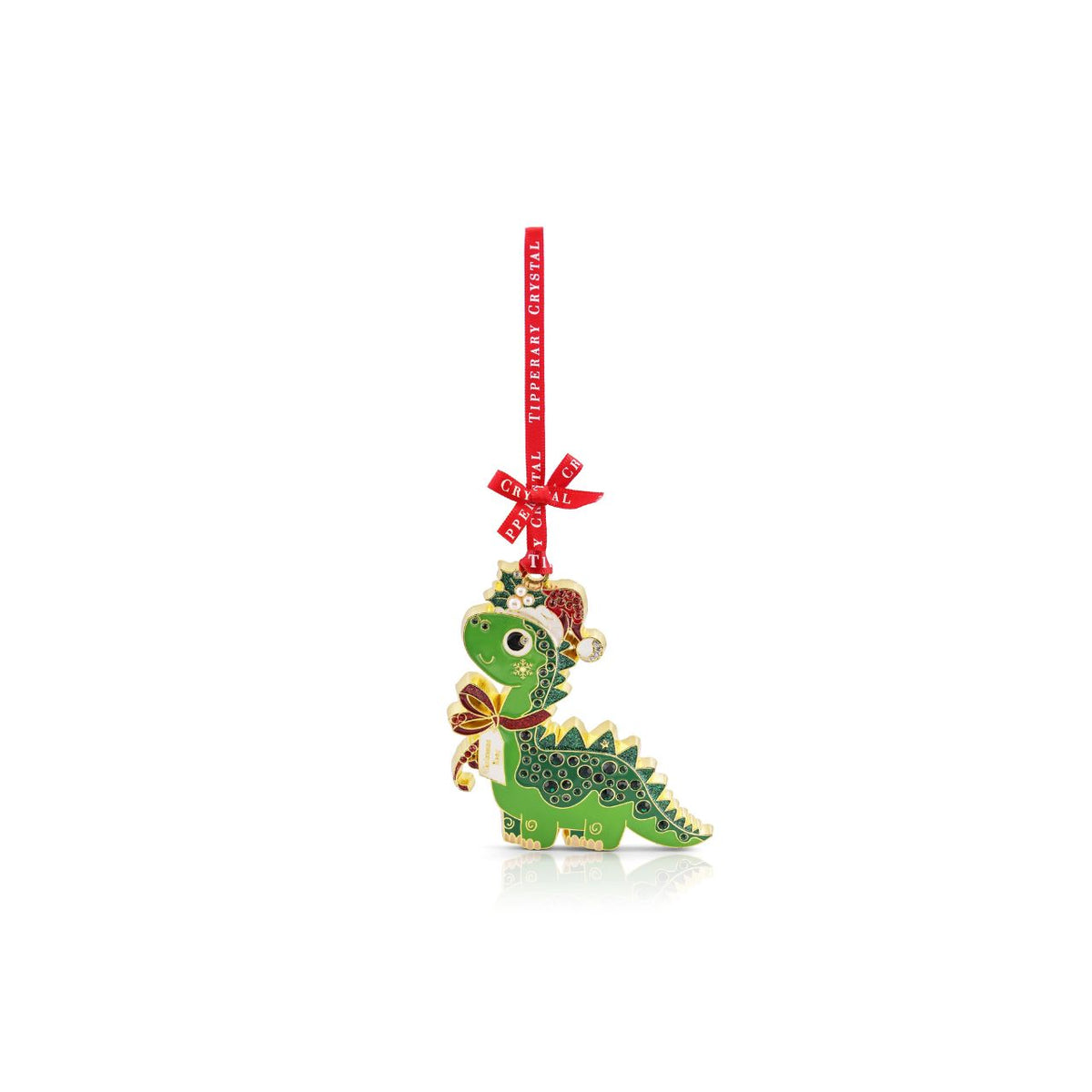 Add some prehistoric fun to your Christmas tree with this adorable green dinosaur, complete with a festive Santa hat and sparkling details.