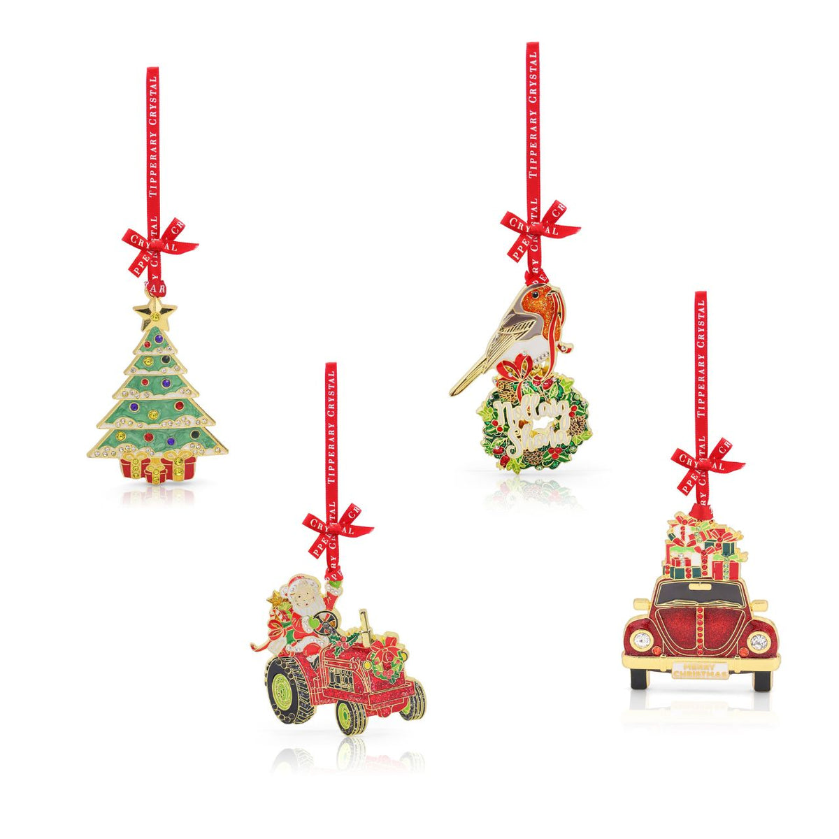 Bring a little festive fun to your Christmas tree with this charming set of 4 decorations, featuring a Christmas tree, Santa on his tractor, a festive car and a cheerful robin.