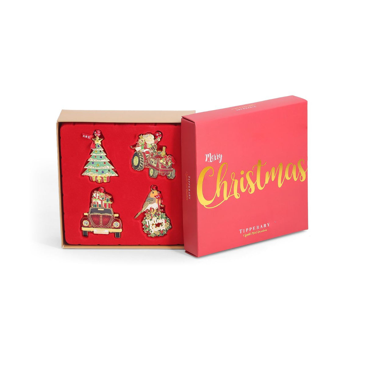 Bring a little festive fun to your Christmas tree with this charming set of 4 decorations, featuring a Christmas tree, Santa on his tractor, a festive car and a cheerful robin.