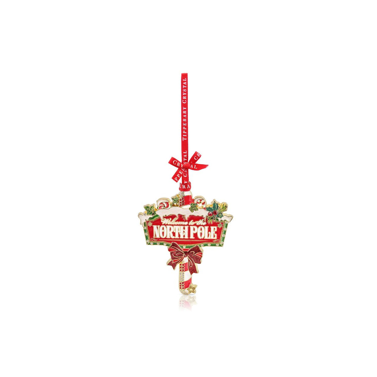 Bring a little North Pole magic to your Christmas tree with this charming sign decoration, featuring a classic candy cane design and sparkling festive details.