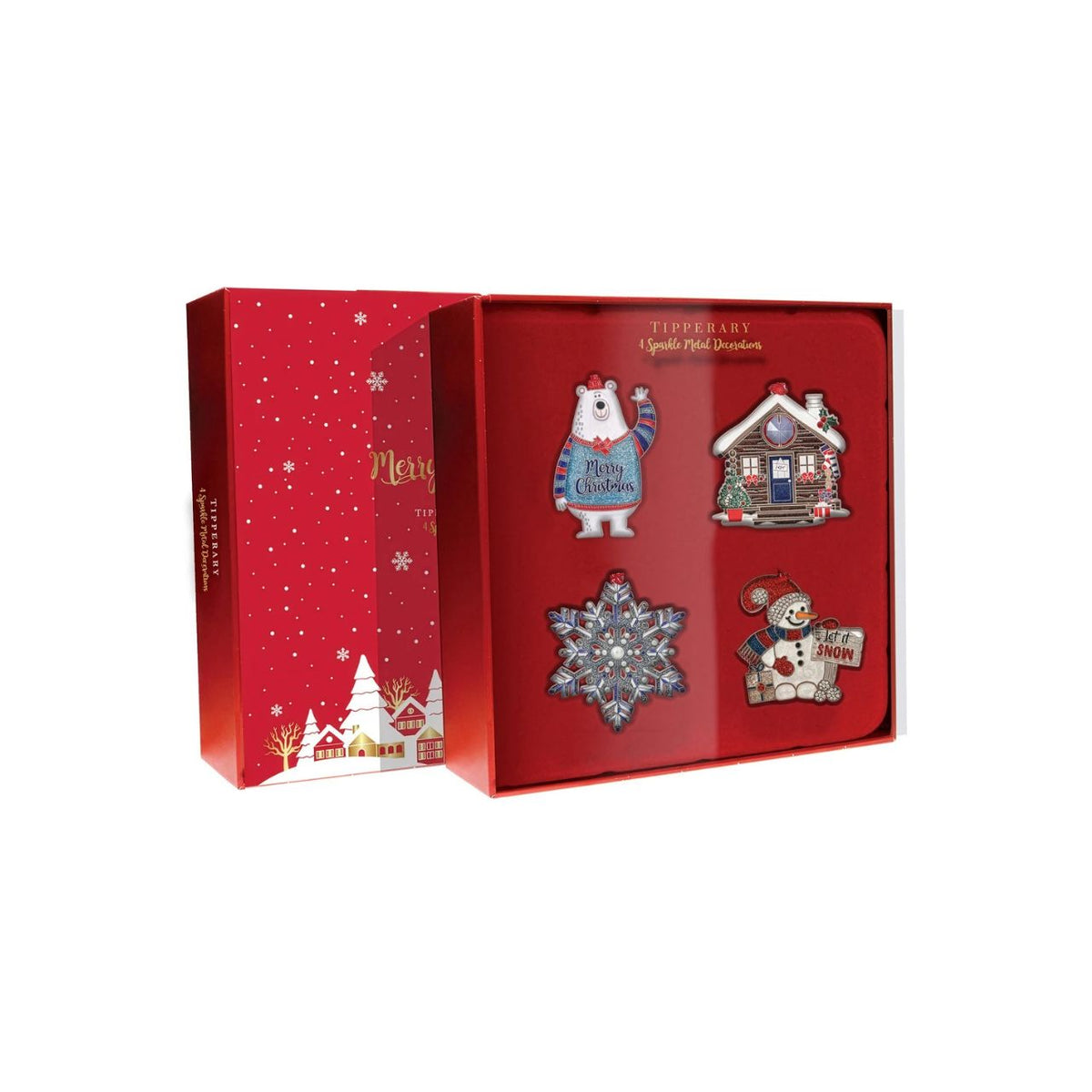 Sparkle Winter Wonderland S/4 Decorations Bear, Cabin, Snowflake, Snowman