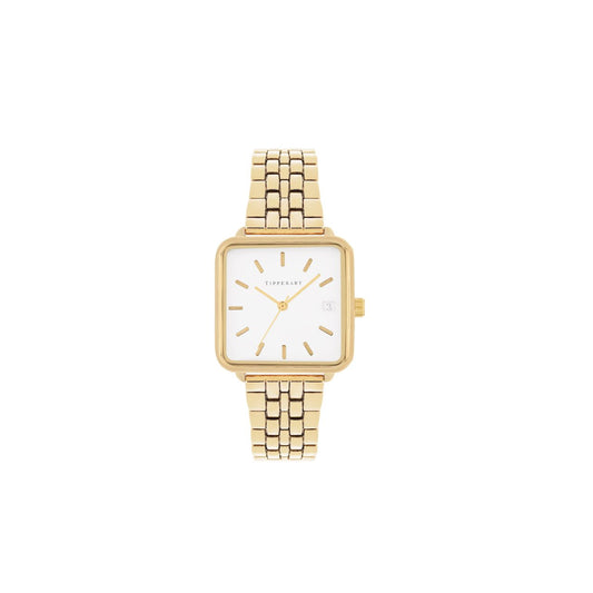 Elevate your everyday elegance with this striking square face timepiece from Tipperary. The refined combination of crisp white and lustrous gold creates a timeless aesthetic that transitions seamlessly from boardroom to evening occasions.
