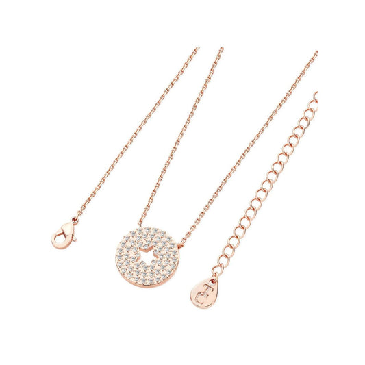Reminiscent of looking up to a star-studded sky, this páve disc with star cut out is sure to attract attention. Suspended from an elegant cable chain, this necklace secures safely with lobster claw clasp.