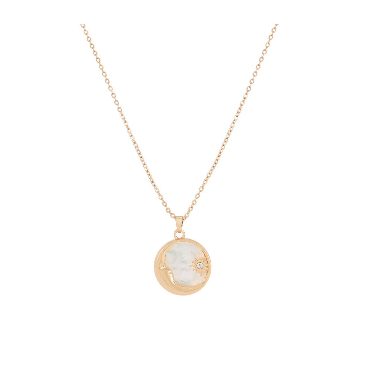 Star &amp; Moon Mother Of Pearl Inset Pendant Gold by Tipperary captures celestial elegance in a timeless design.