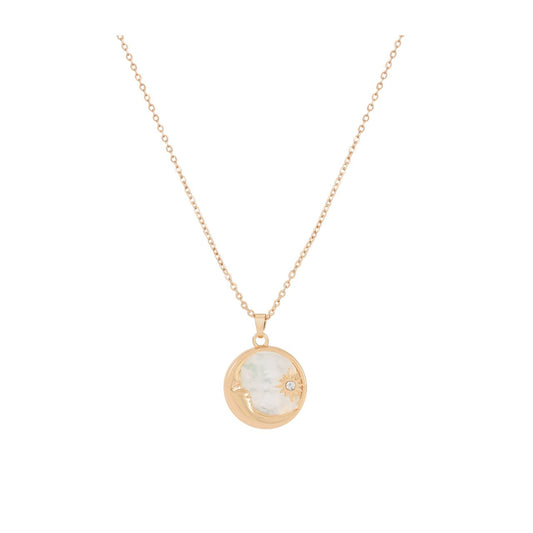 Star &amp; Moon Mother Of Pearl Inset Pendant Gold by Tipperary captures celestial elegance in a timeless design.