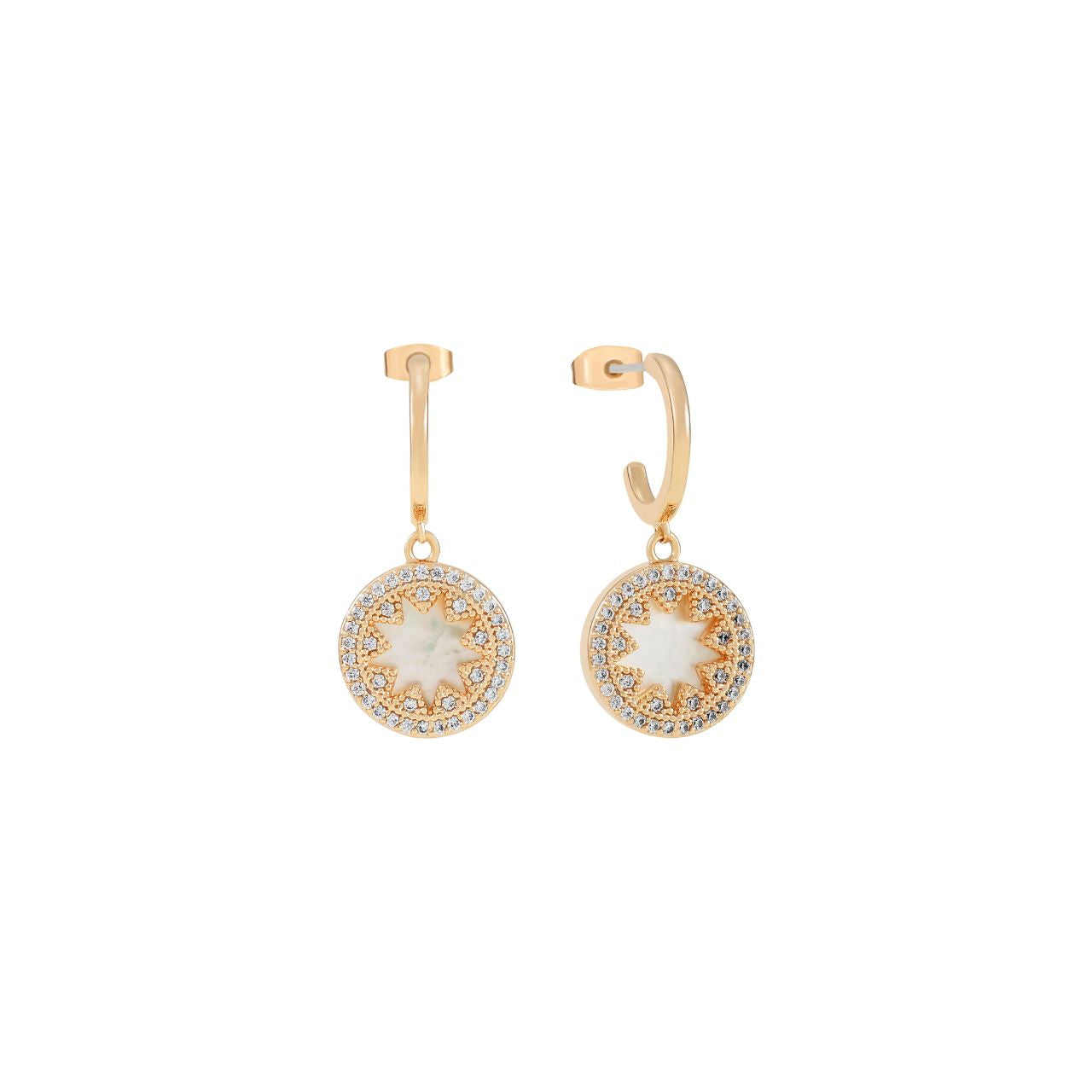 Elegant circle earrings featuring a delicate star design with lustrous mother of pearl inset. Crafted in gold-tone metal, these Tipperary earrings offer timeless sophistication with a touch of natural iridescence.