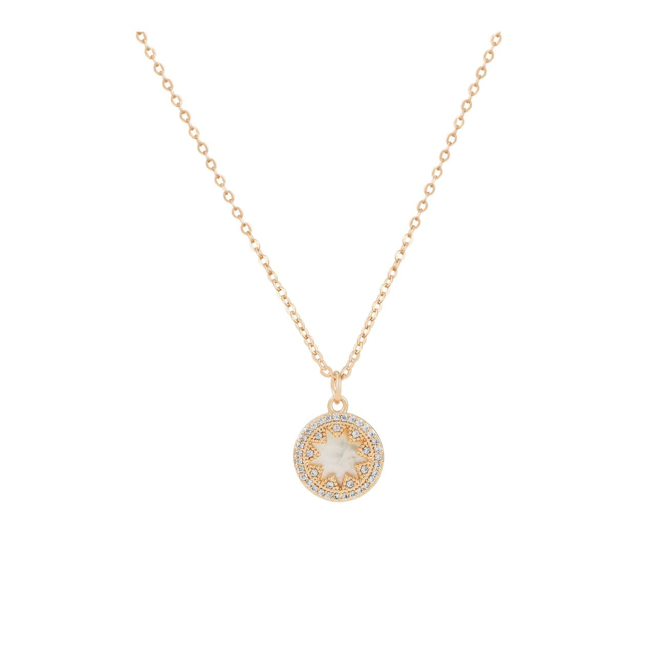 Elegant gold pendant featuring a lustrous mother of pearl inset within a circular frame, adorned with a delicate star detail.