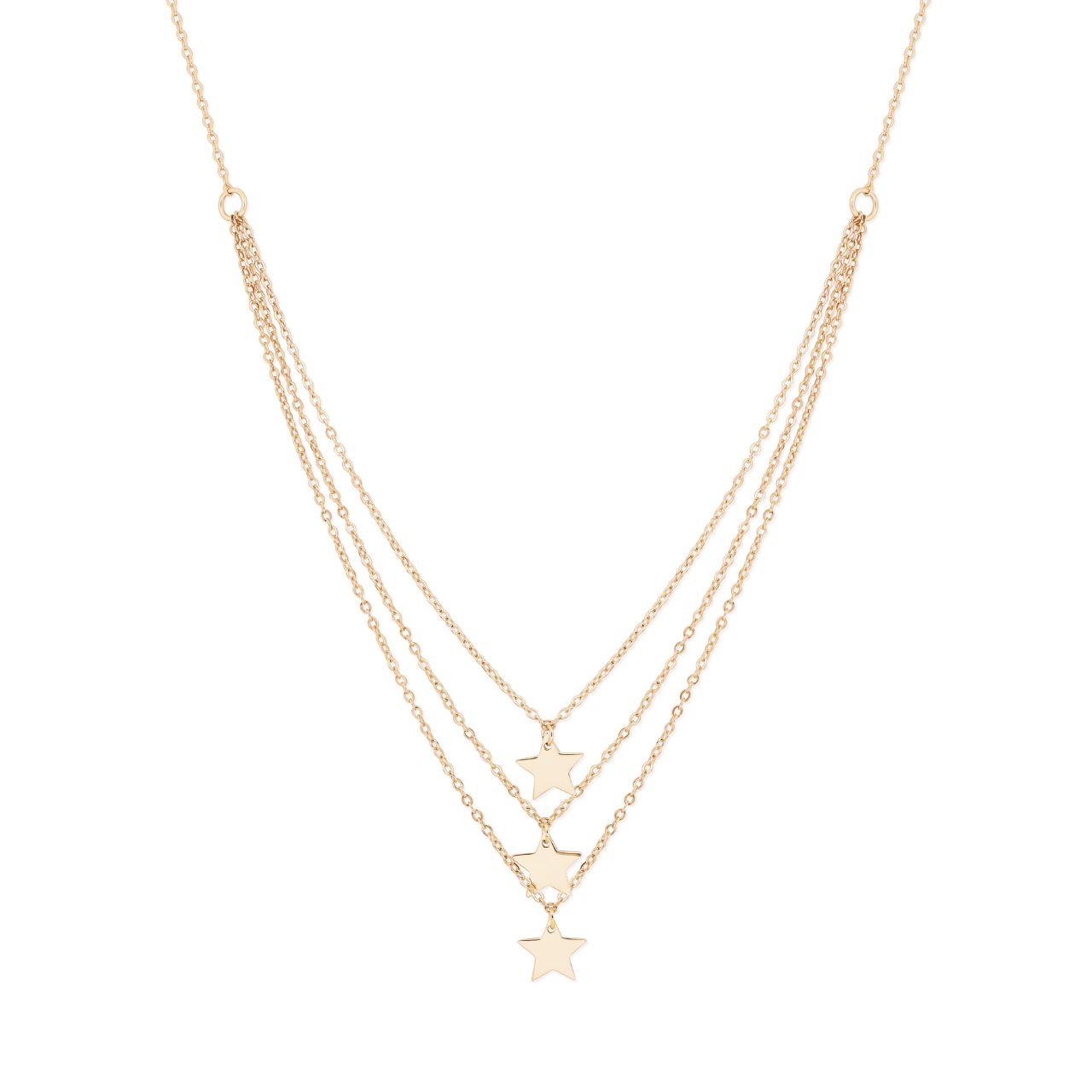 Triple Gold Star Necklace by Tipperary Elevate your style with the Tipperary Star Triple Necklace in gold. Featuring three delicate gold star pendants, this necklace adds a touch of elegance to any ensemble. Made by Tipperary, this necklace is crafted with precision and quality. Perfect for any occasion, it is a must-have accessory for any fashion-forward individual.
