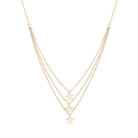 Triple Gold Star Necklace by Tipperary Elevate your style with the Tipperary Star Triple Necklace in gold. Featuring three delicate gold star pendants, this necklace adds a touch of elegance to any ensemble. Made by Tipperary, this necklace is crafted with precision and quality. Perfect for any occasion, it is a must-have accessory for any fashion-forward individual.