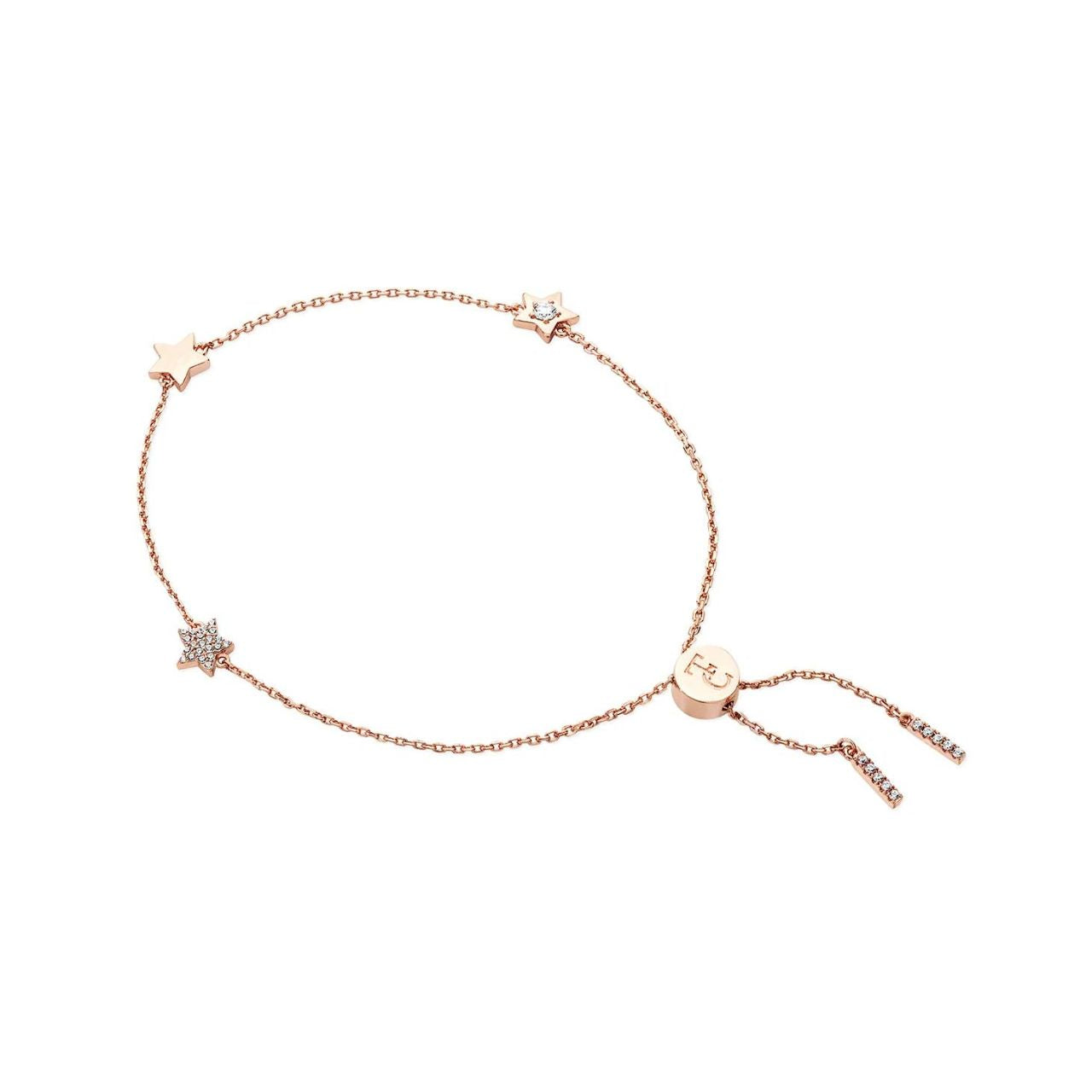 Crafted in rose gold, this sweet design features a dainty cable chain with three-star crystals placed perfectly along it. This bracelet secures safely with a TC branded fob.