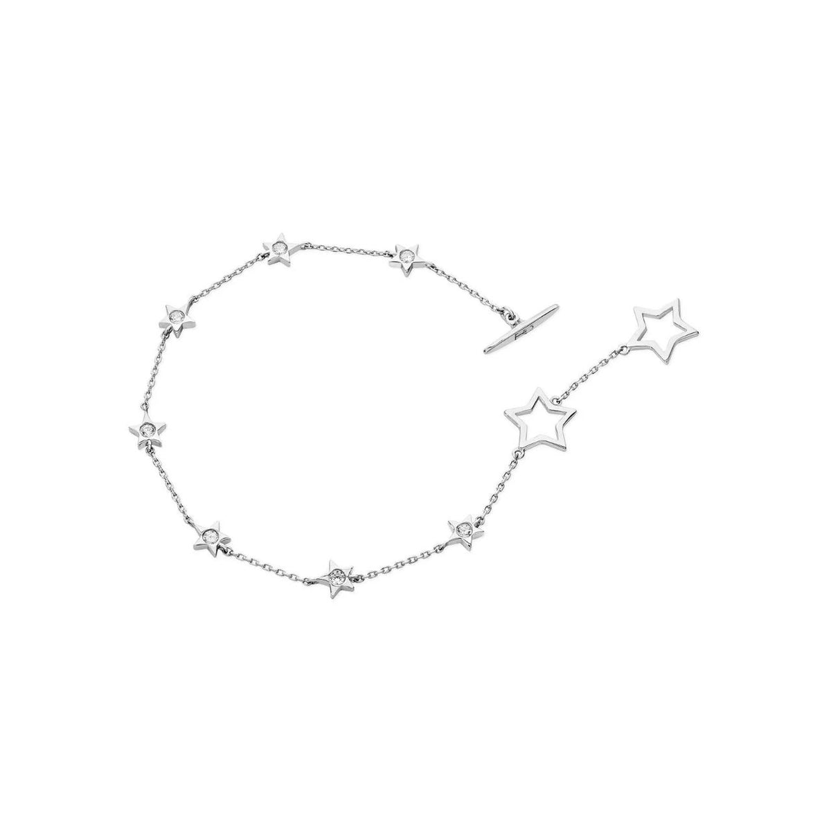 Crafted in silver this pretty design features seven polished silver stars with clear czs placed elegantly along a cable chain. This contemporary bracelet secures with an eye-catching star shaped toggle clasp.