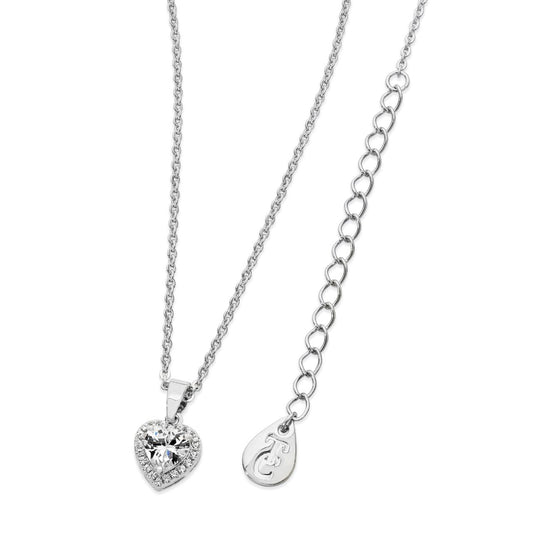 Sterling Silver Diamante Heart Drop Pendant by Tipperary  Made from Sterling Silver this stylish pendant is centred with a captivating heart-shaped clear crystal. It is beautifully cut to enhance its clarity and shine and is bordered by a glittering frame of crystal accents. An elegant silver bale buffed to a brilliant lustre tops the style from which a cable chain suspends and securely closes with a lobster claw clasp.