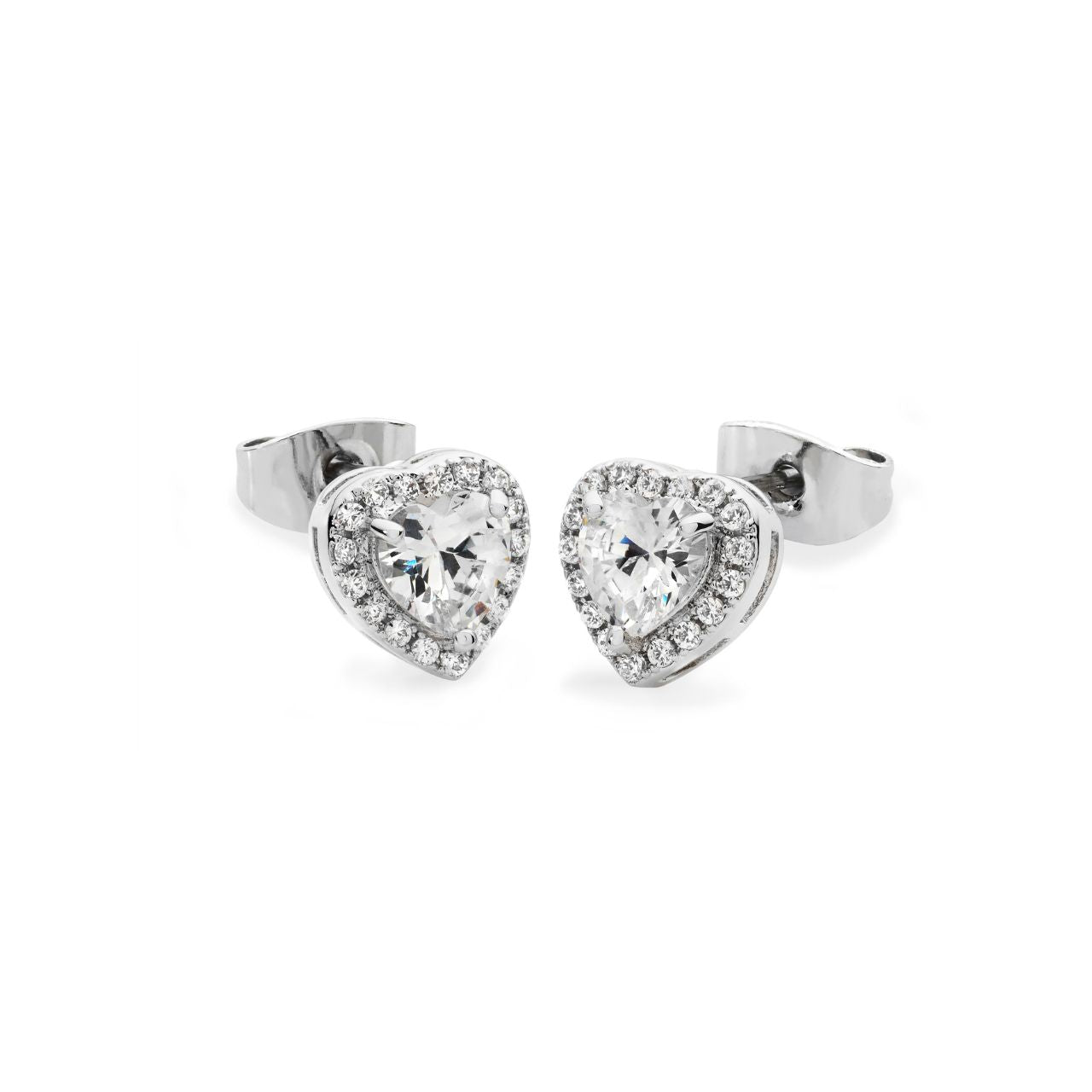 Sterling Silver Diamante Heart Stud Earrings by Tipperary  Crafted in Sterling Silver, each eye-catching stud earring features an enchanting heart-shaped clear crystal center stone framed with a border of shimmering crystal accents. Buffed to a bright lustre, these earrings secure comfortably with push backs.