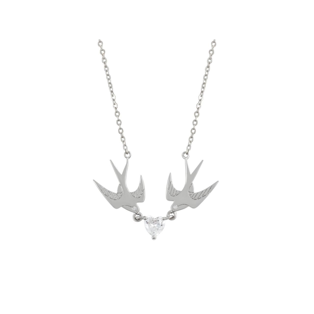 The Swallow Pendant 2 Swallows and Heart CZ – Silver showcases two silver swallows soaring towards a radiant heart-shaped CZ crystal. This pendant represents love, freedom, and the beauty of connection. With its graceful design and glimmering heart, it brings a sense of romance and elegance, making it an ideal accessory for any special occasion.