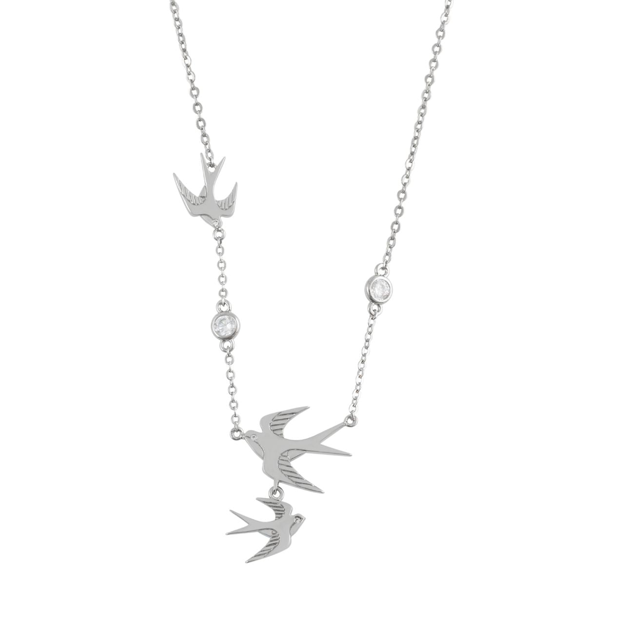 The Swallow Pendant 3 Swallows &amp; Clear CZ – Silver is a stunning piece that embodies freedom and elegance. It features three gracefully soaring swallows, symbolizing adventure and fresh beginnings. The detailed design, adorned with shimmering clear CZ crystals, adds a touch of brilliance and sophistication.