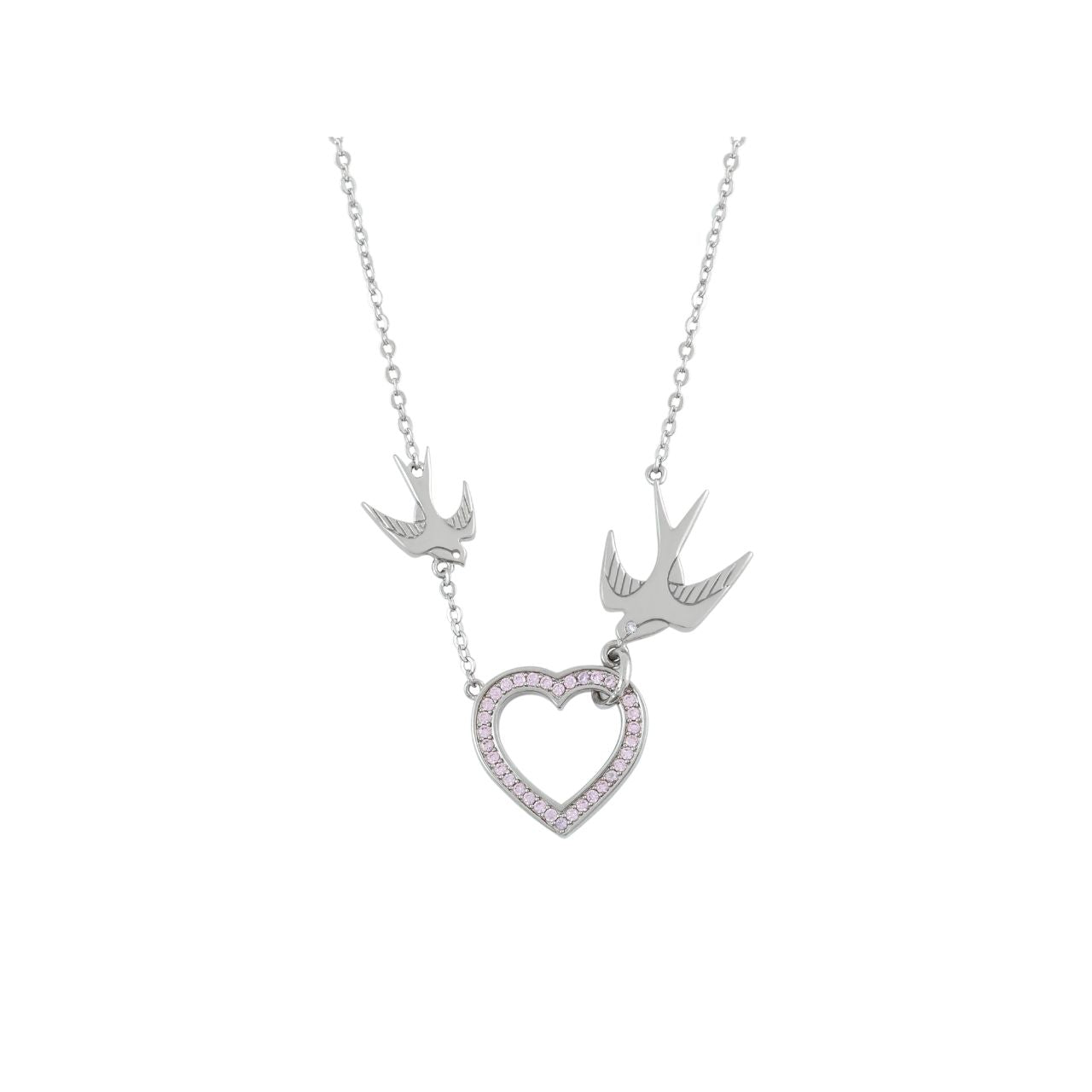 The Swallow Pendant Heart and Swallows - Silver is a beautifully crafted piece that combines elegance with symbolic meaning. Featuring a delicate heart design adorned with two graceful swallows, this pendant represents love, freedom, and safe journeys.