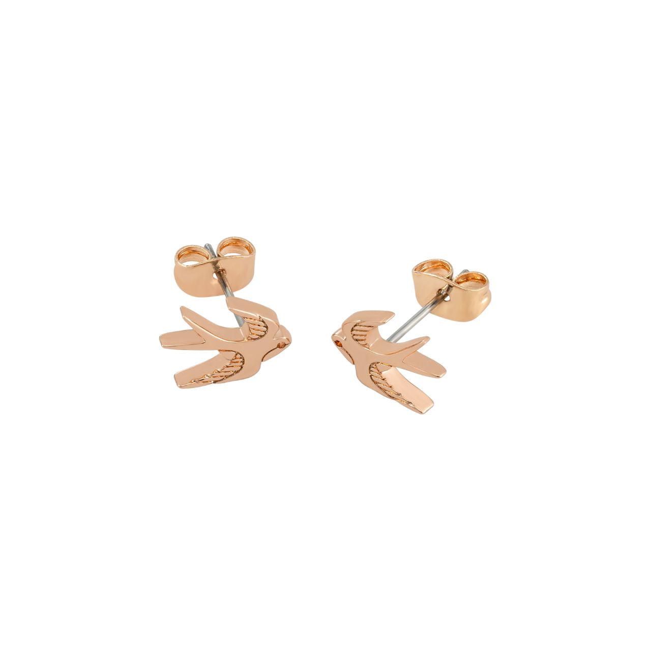 The Swallow Stud Earrings – Rose Gold feature a delicate design of a swallow in mid-flight, symbolizing freedom and grace. These earrings add a subtle touch of elegance to any look. Their timeless design makes them perfect for both everyday wear and special occasions, offering a charming and sophisticated accent to your jewellery collection.