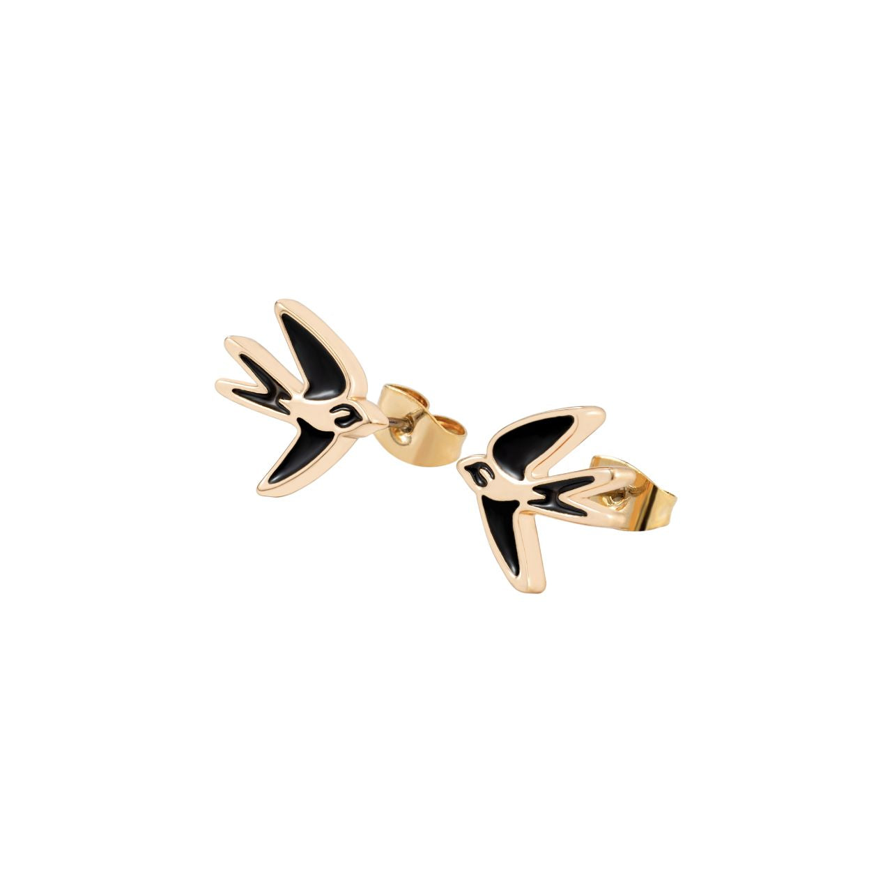The Swallow Stud Earrings Black Inset – Gold showcase a graceful swallow in mid-flight, symbolizing freedom and elegance. With their sleek gold finish and striking black inset, these earrings add a refined touch to any outfit.