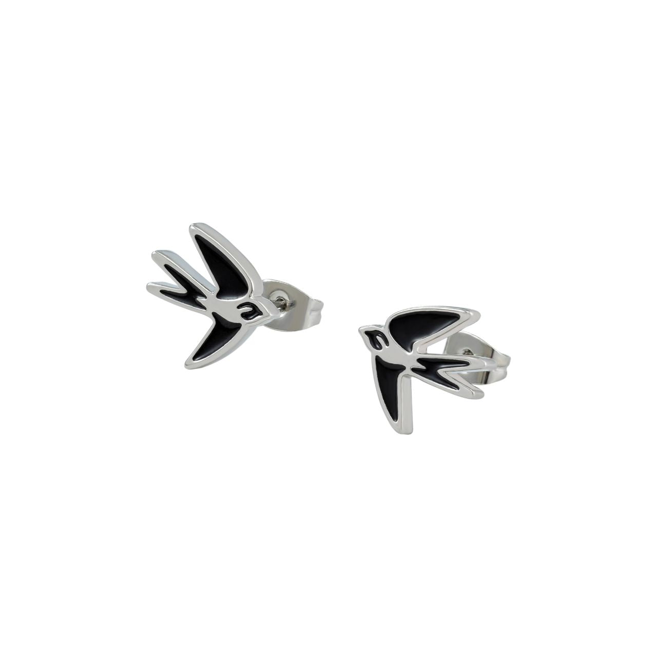 The Swallow Stud Earrings Black Inset – Silver showcase a graceful swallow in mid-flight, symbolizing freedom and elegance. With their sleek silver finish and striking black inset, these earrings add a refined touch to any outfit.