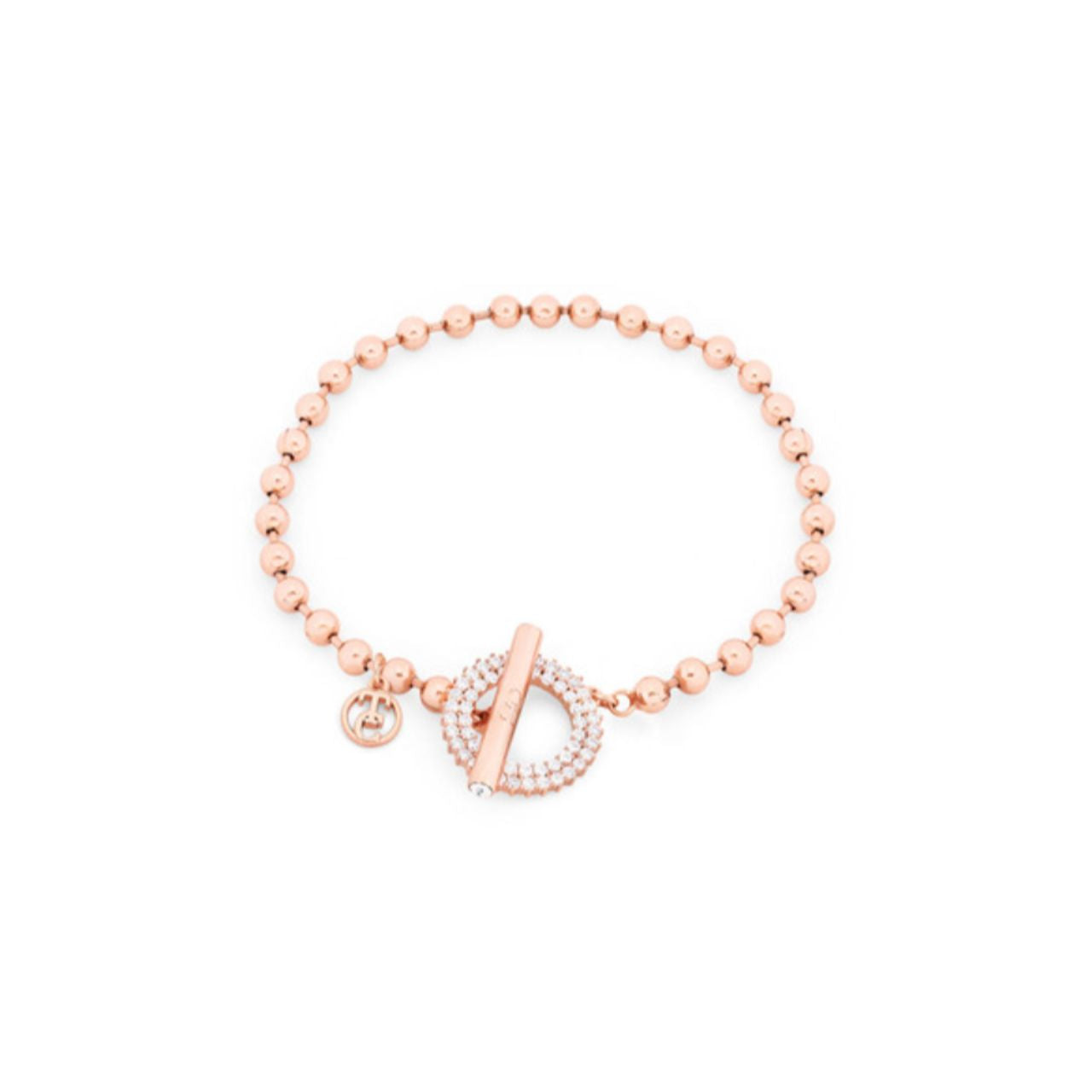 Elegant rose gold bracelet featuring a distinctive T-bar closure and delicate ball chain design. Adorned with sparkling cubic zirconia stones arranged in a circular pattern for timeless sophistication.