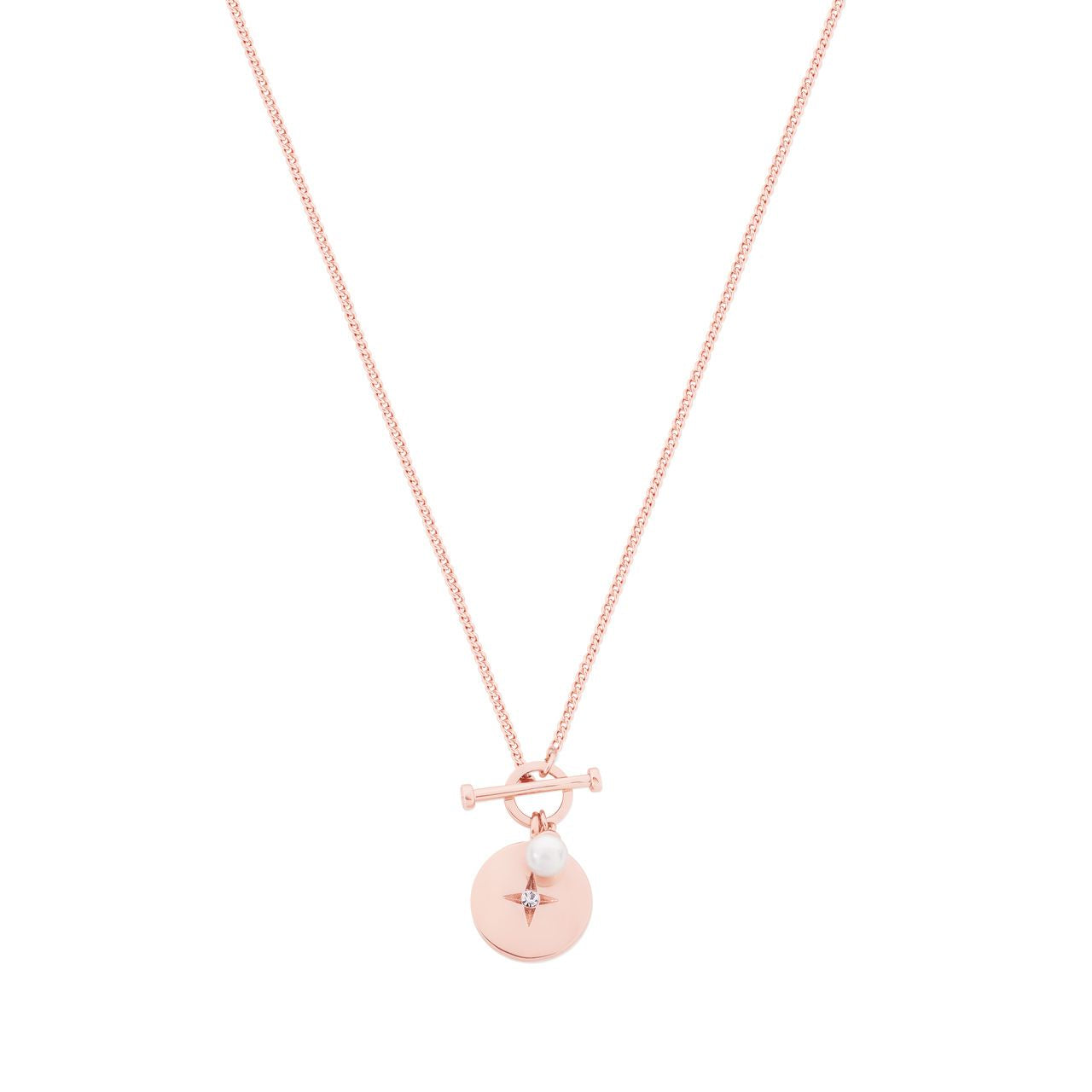 Rose Gold T-Bar Pendant With Disc Tipperary  This classic T-Bar pendant from Tipperary is perfect as a timeless accessory. Crafted from  Rose Gold, this pendant features a disc pendant inlay for a one-of-a-kind look. Durable and stylish, this T-Bar pendant is sure to become your favourite accessory.