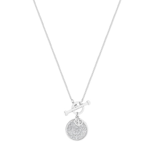 Silver T-Bar Pendant Pave Set Circle by Tipperary  This stunning Tipperary T-Bar Pendant features a pave set circle in an exquisite silver finish. Meticulously crafted by Tipperary, this timeless piece evokes a chic sophistication. It's the perfect accessory for any style or occasion.
