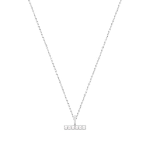 Silver T-Bar Pendant With Six Mini Pearls by Tipperary  This chic, silver T-Bar pendant from Tipperary expertly combines traditional design with a modern twist. With a classic pearl center, this piece adds a timeless sophistication to any outfit. Elevate your style with this high-quality pendant.
