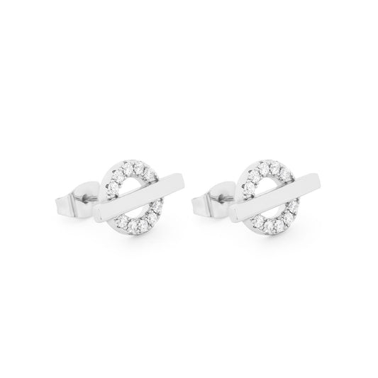 T-Bar Stud Earrings Silver Circle CZ by Tipperary  These Tipperary T-Bar Earrings are the perfect addition to any ensemble. Lightweight and flexible, providing a comfortable fit for any wearer. The T-bar design offers an understated yet luxurious look, certain to elevate any look.
