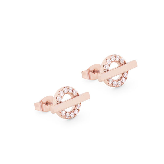 T-Bar Stud Earrings Rose Gold Circle CZ by Tipperary  These stylish T-Bar stud earrings are made of rose gold and feature a Circle CZ for a fashionable, eye-catching look. The luxury craftsmanship of Tipperary's jewellery makes these earrings strong and durable for everyday wear.