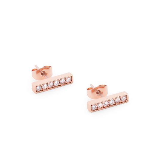 T-Bar Stud Earrings Rose Gold Set With CZ by Tipperary  These exquisite Tipperary T-Bar Stud Earrings are crafted from rose gold and set with twinkling Cubic Zirconias. These timeless pieces will add a touch of elegance to any outfit.